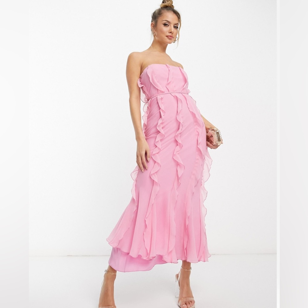 ASOS DESIGN ruffle bandeau midaxi dress with tie waist in pink
